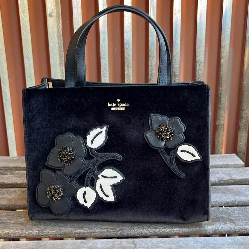 EUC Kate Spade black velvet small tote with embellishments and dust bag